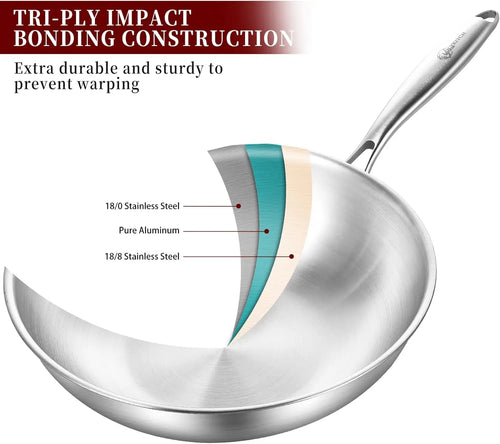 13-Inch Stainless Steel Wok Pan with Lid, Induction Compatible, Dishwasher & Oven Safe