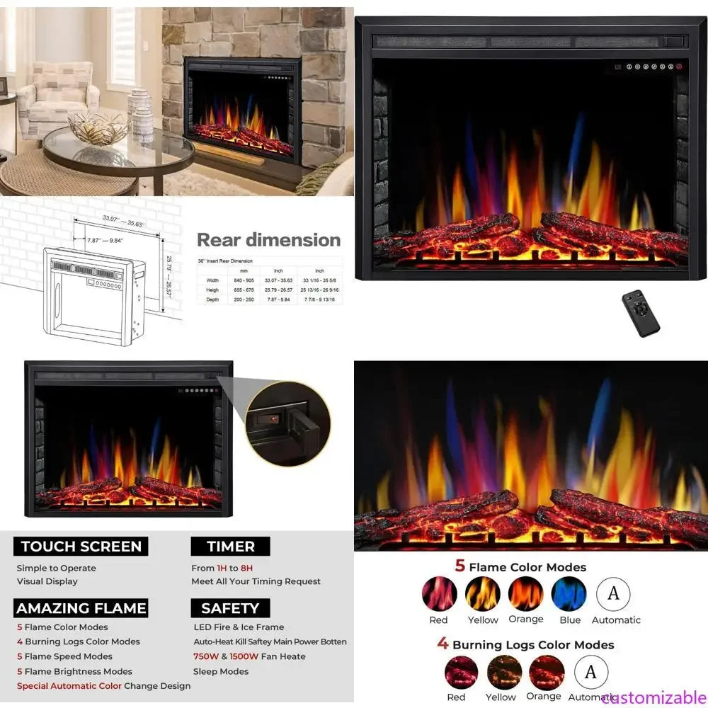 36-inch Electric Fireplace Insert with Recessed Stove Heater, Touchscreen Controls, Remote Operation, Adjustable 750W