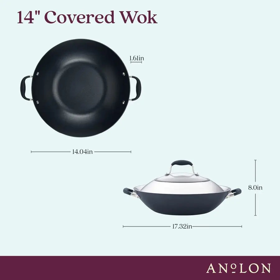Wok, 14-In Nonstick Flat Bottom Covered Onyx