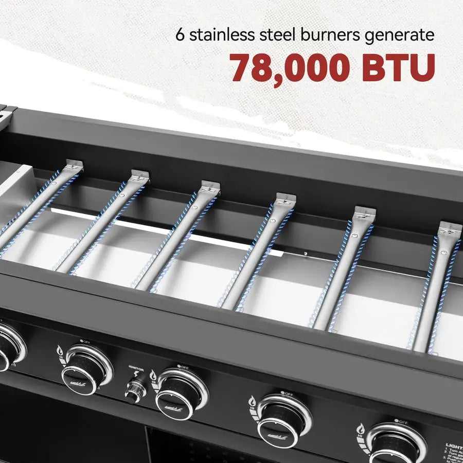 Gas Griddle Grill w/ Folding Tables, 6-Burner Double Bottom Shelves