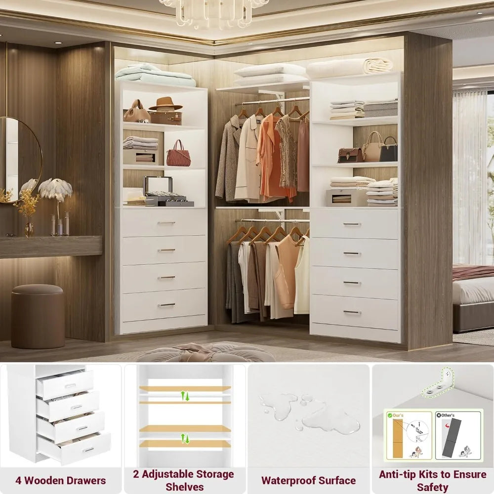 21.3" White Wood Closet Organizer with 4 Drawers, Modular Storage System for Small Closets