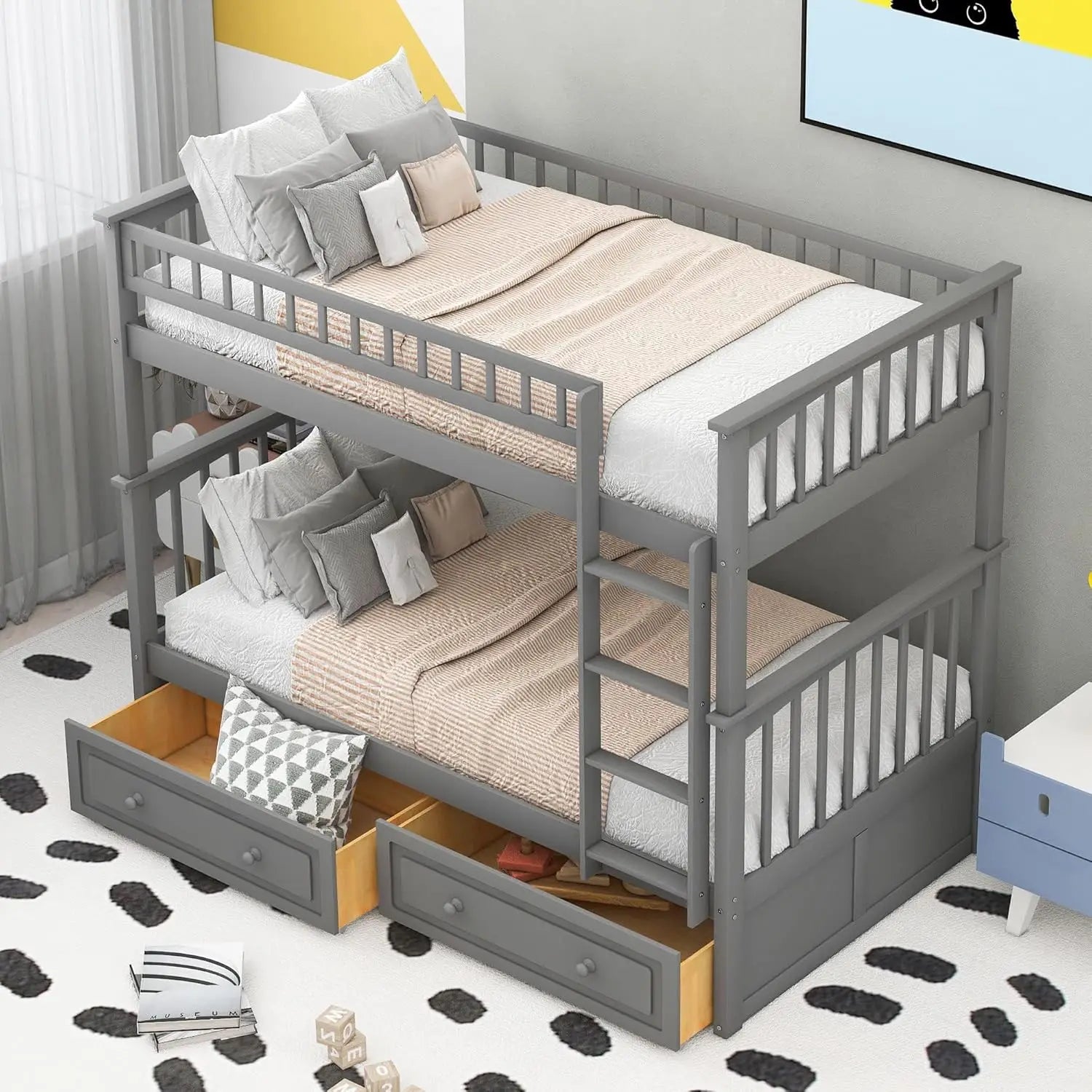 Convertible Twin Bunk Bed with Storage Drawers & Ladder Separates into Two Daybeds Wood Frame White Customized