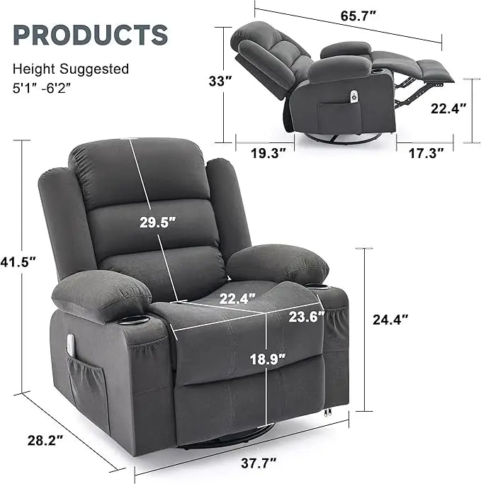 Rocker Recliner Chair with Heat and Massage, 360° Swivel Nursery Rocking Chairs for Adults, Oversized Recliner Single Sofa