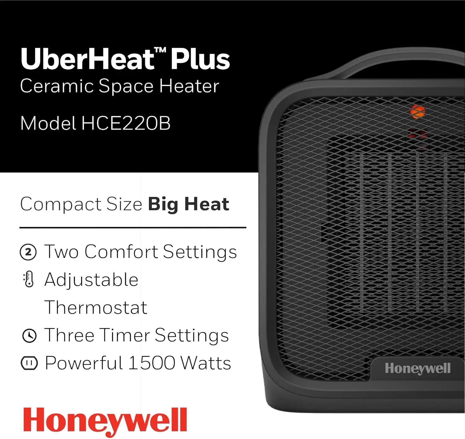 Space Heater, Compact Ceramic Quiet w/ Timer Black