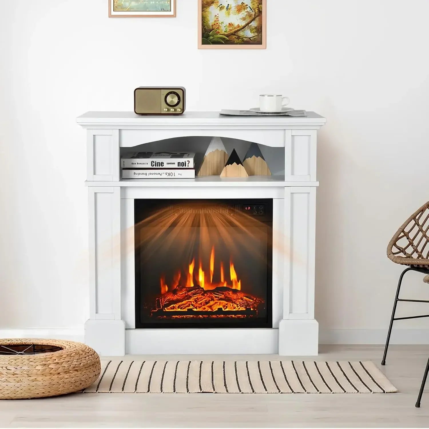 hot-selling32-inch Electric Fireplace with Mantel, 1400W Adjustable Freestanding Heater with Remote Control, Thermostat Design,