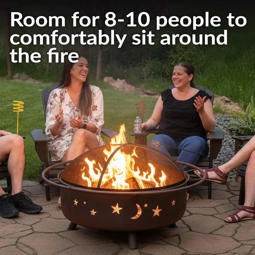 42-Inch Large Outdoor Wood-Burning Fire Pit with Spark Screen, Poker, and Grate - Perfect for Backyard Gatherings