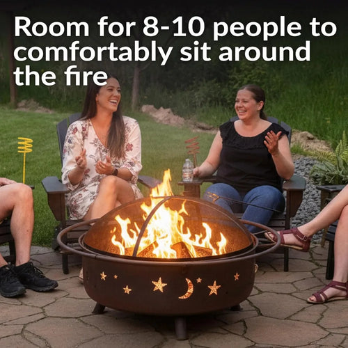 42-Inch Large Outdoor Wood-Burning Fire Pit with Spark Screen, Poker, and Grate - Perfect for Backyard Gatherings