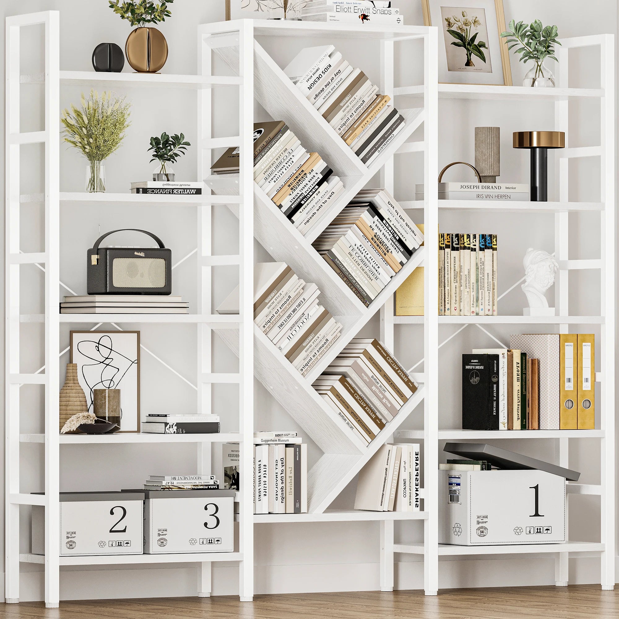 Triple 5 Tier Bookshelf, Large Wooden Bookcase with 17 Open Display Shelves, Modern Tree Book Shelf Metal Frame Tall Bookshelves