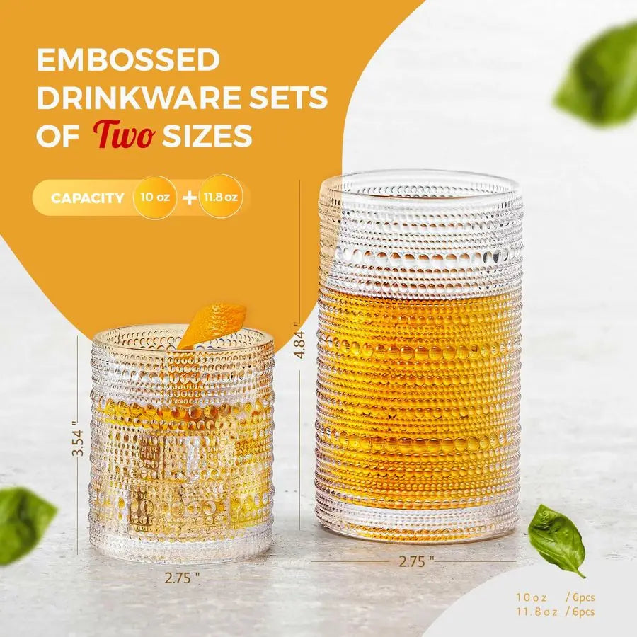 Glasses, Set of 12 11.8 oz Vintage Embossed Cocktail
