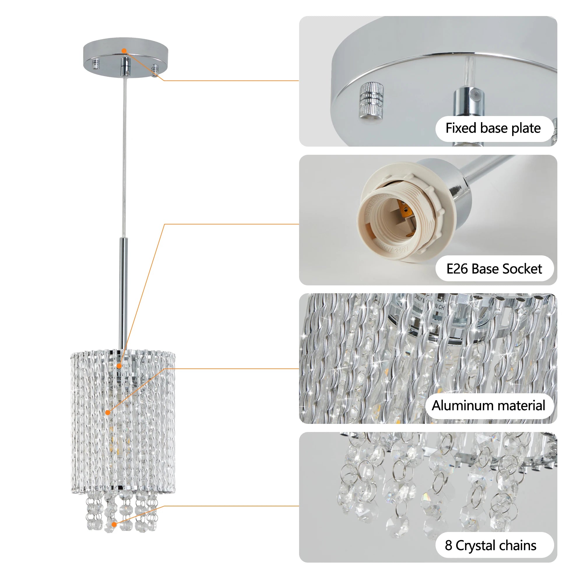 ARLGSITE Luxury Modern Crystal Pendant Light 3-Pack Adjustable Chrome Hanging Ceiling Fixture with Clear Beads, Elegant Design