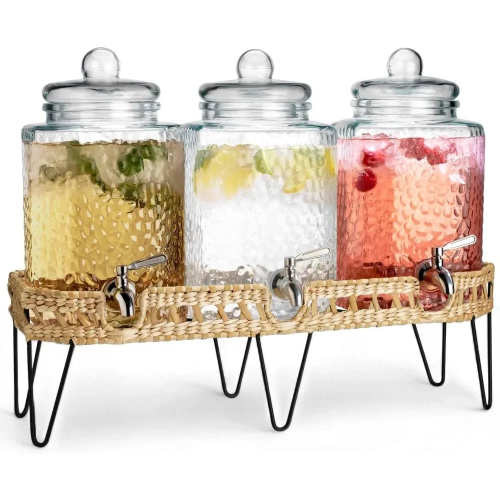 Drink Dispenser, 1.5 Gal Glass 3-Pack W/ Stand