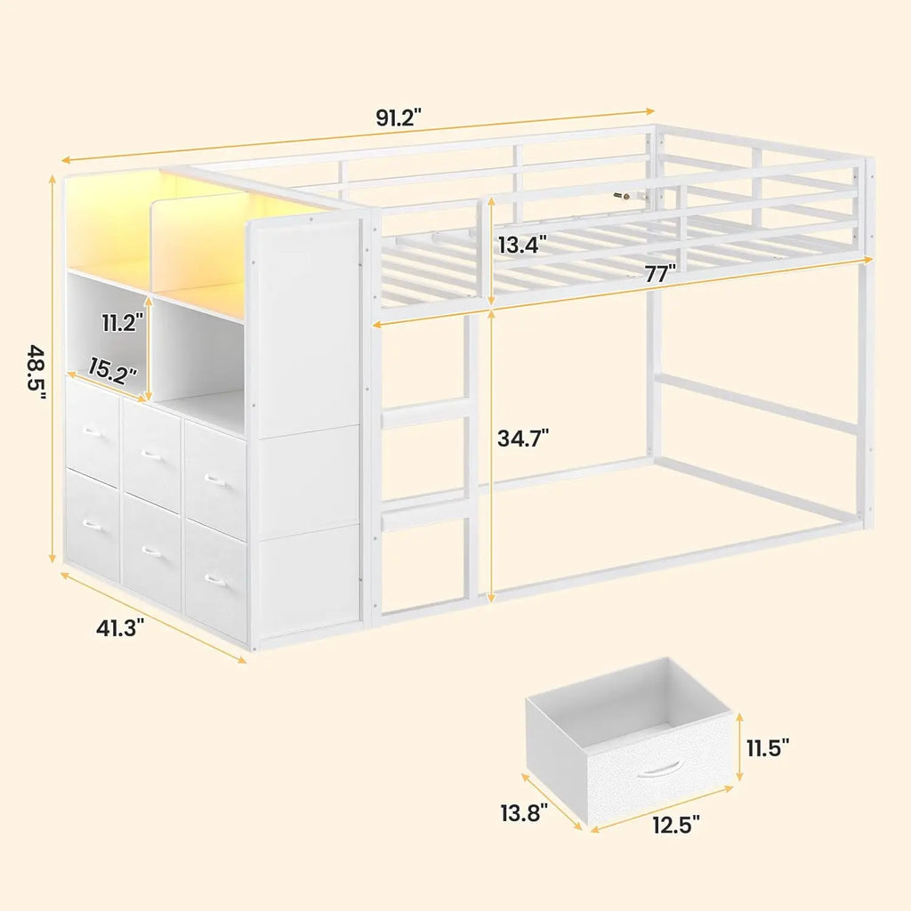 Bunk Bed Twin Over Twin with 6 Large Fabric Drawers & 4 Wooden Storage Bookshelf Organizer, Metal Low Bunk Bed for, Customized