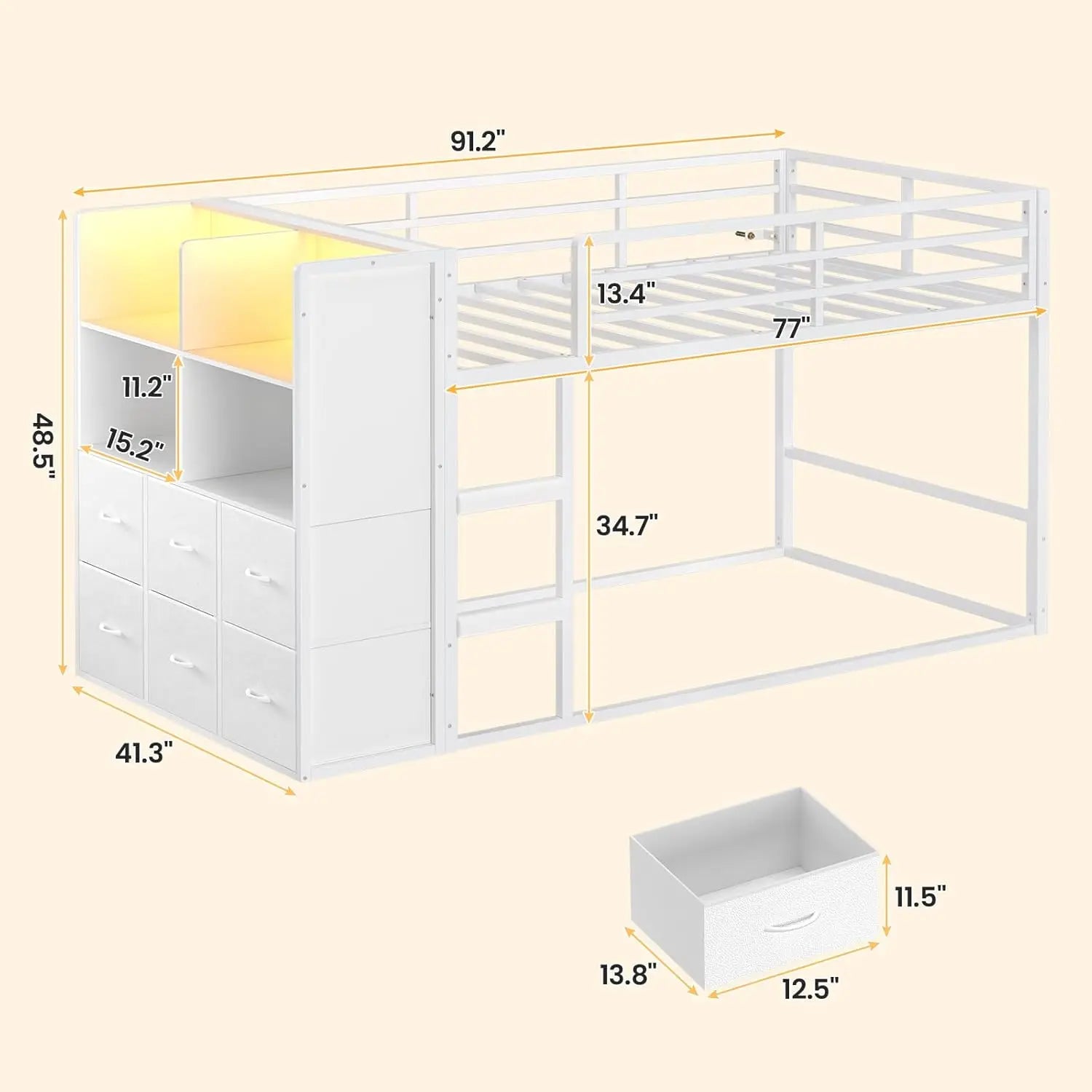 Bunk Bed Twin Over Twin with 6 Large Fabric Drawers & 4 Wooden Storage Bookshelf Organizer, Metal Low Bunk Bed for, Customized