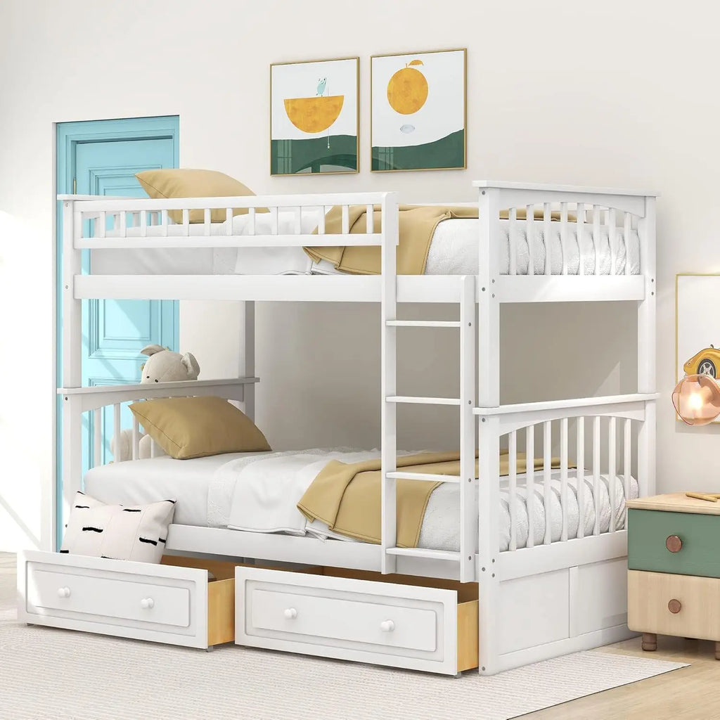 Convertible Twin Bunk Bed with Storage Drawers & Ladder Separates into Two Daybeds Wood Frame White Customized