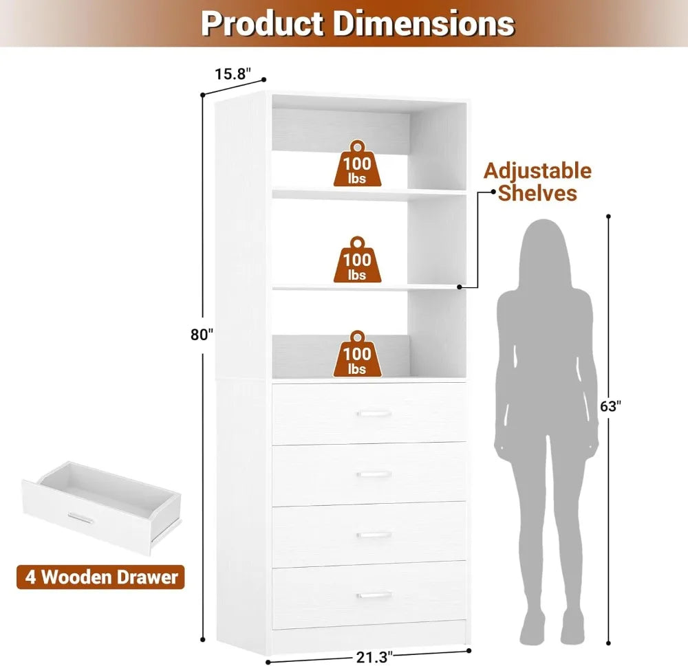 21.3" White Wood Closet Organizer with 4 Drawers, Modular Storage System for Small Closets