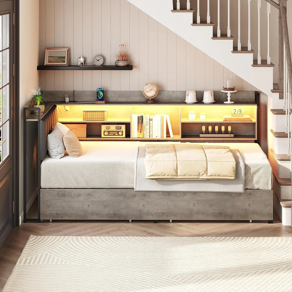 Corner Bookcase Twin Daybed PU Upholstered 2 Drawers Charging Station Metal Frame Bedroom Guest Gray Black, Customized