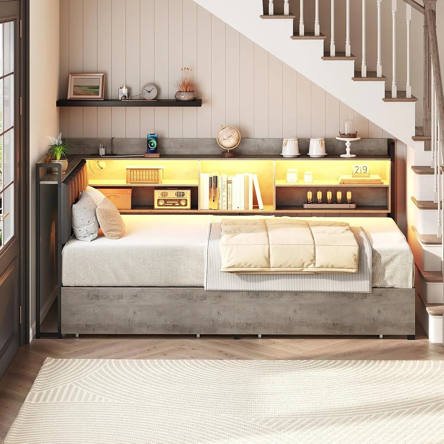 Corner Bookcase Twin Daybed PU Upholstered 2 Drawers Charging Station Metal Frame Bedroom Guest Gray Black, Customized