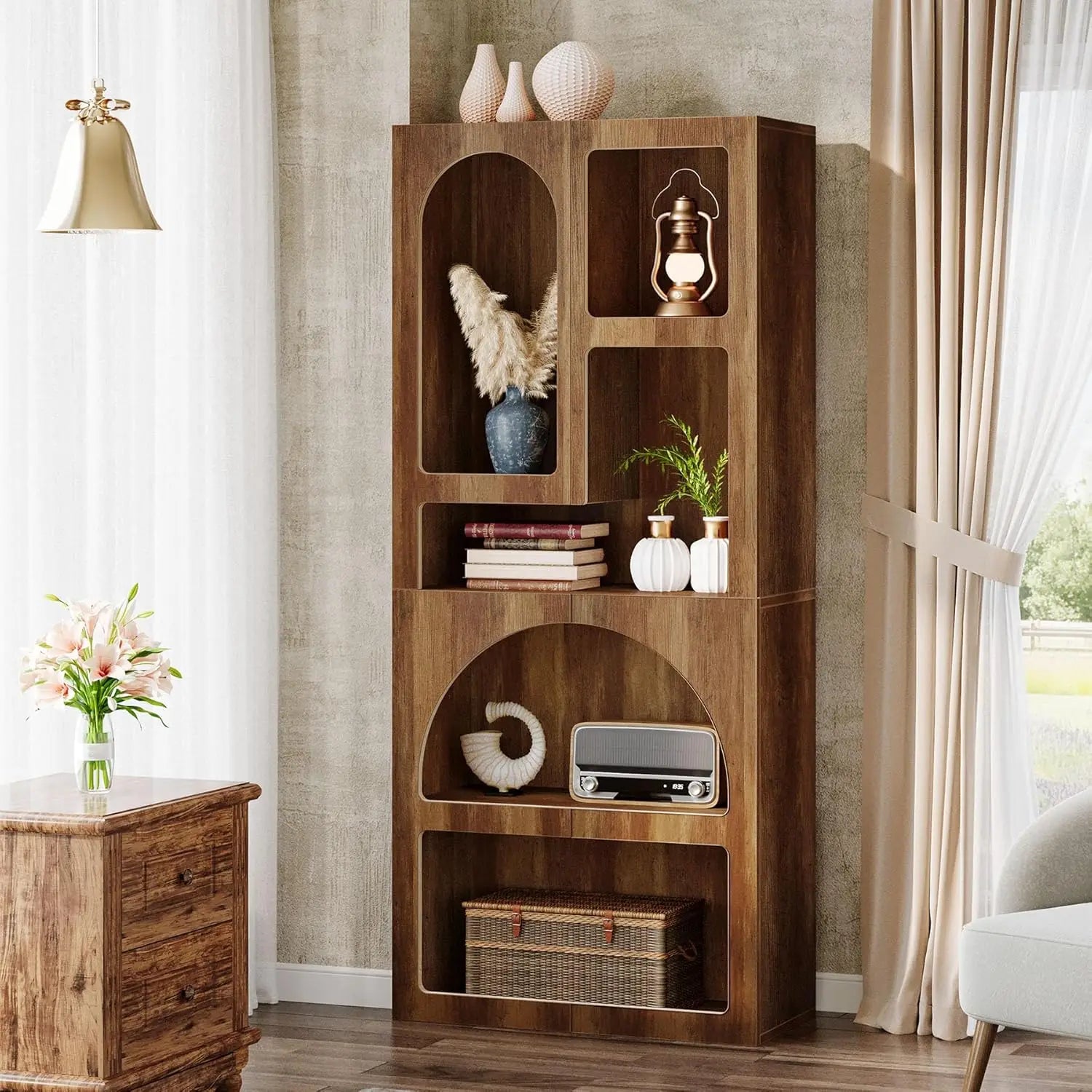 70.87" Tall Geometric Bookshelf, White Arched Bookcase with 5 Irregular Storage Shelves,Free-Standing for Living Room, Bedroom