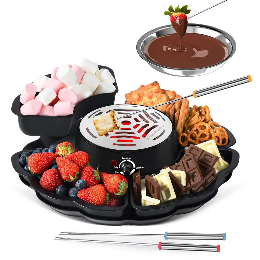 Fondue Pot & Smores Maker, Electric Tabletop Indoor kit w/ 4 Forks, 4 Trays