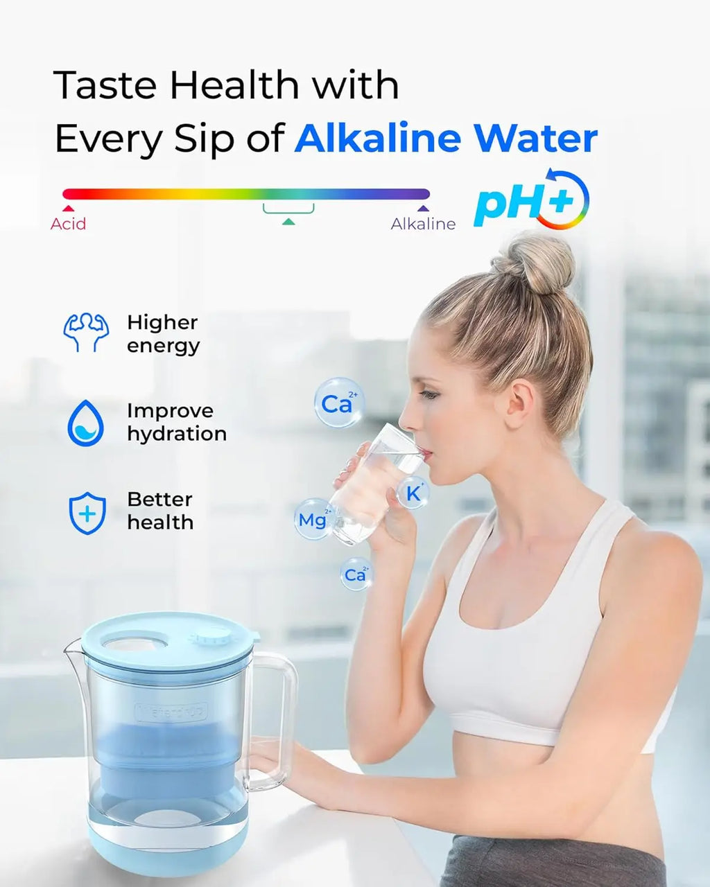 Water Filter Pitcher, 7-cup Glass, Contaminants, Alkaline