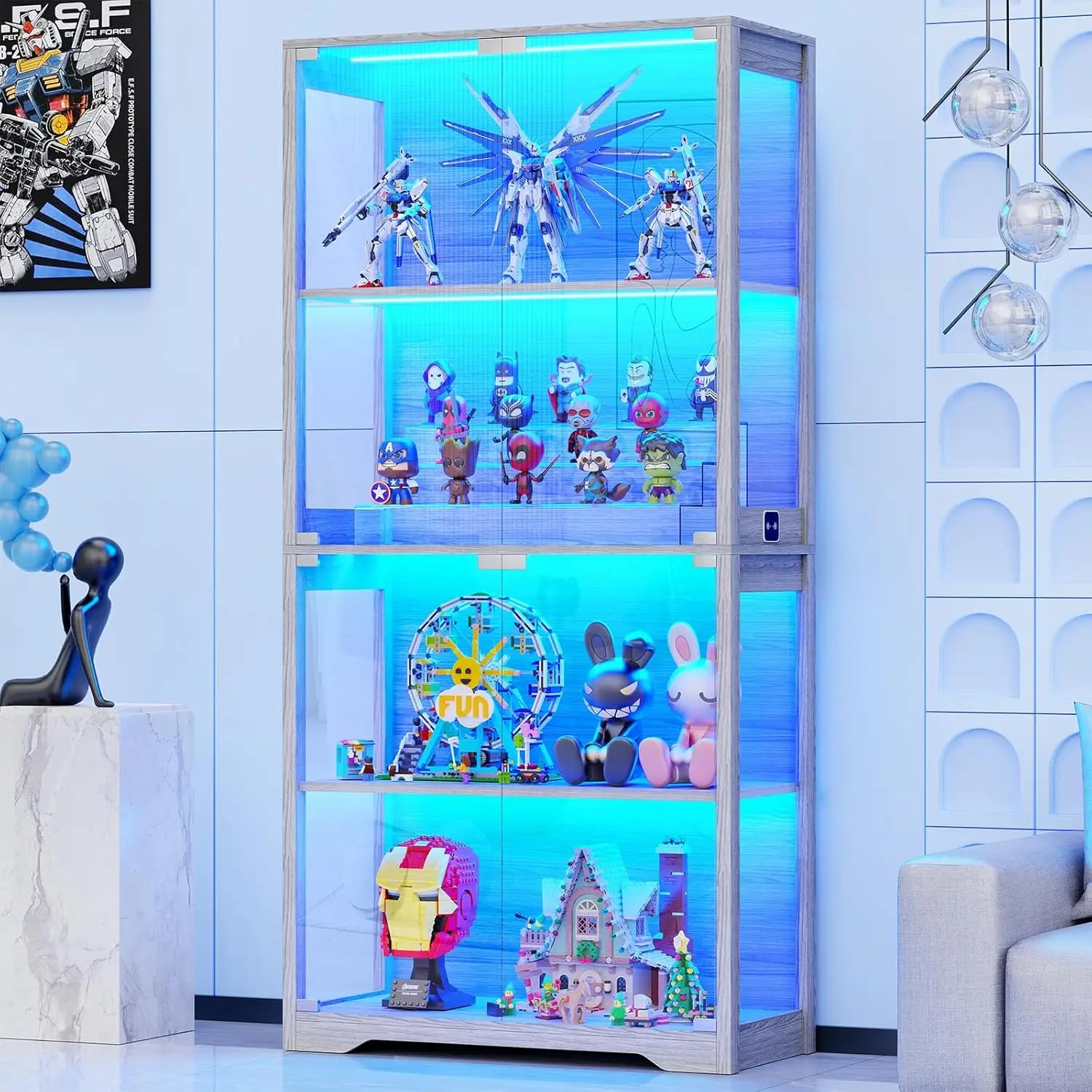 Display Cabinet with Glass Doors, 4-Tier Curio Cabinet with 3 Color Lights for Collectibles, Glass Display Case, Customized