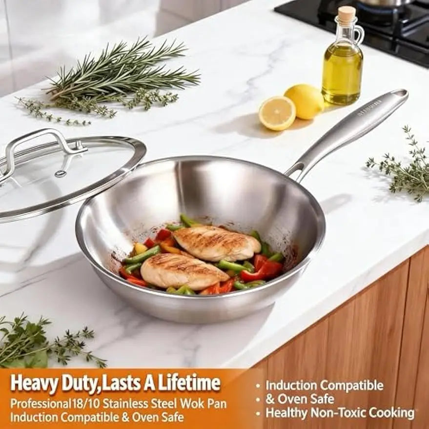 Wok w/ Glass Lid, 12-In Stainless Steel Induction Compatible, Oven Safe