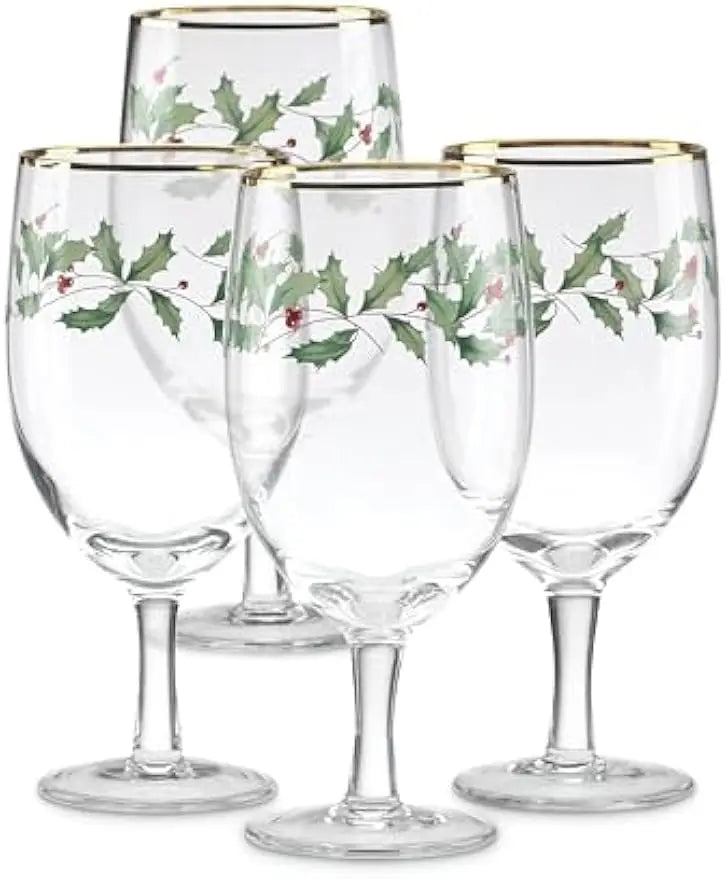 Glasses, 4-Piece Holiday Stemmed Dinnerware Gold Rim