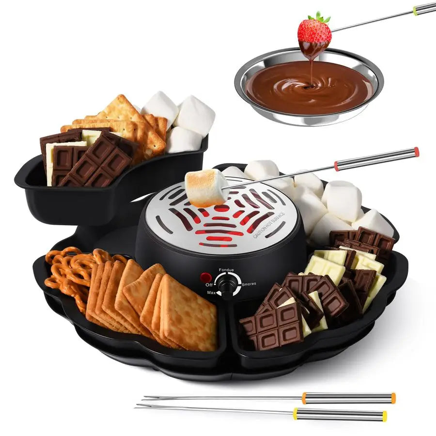 Fondue Set, Smores Maker Electric Tabletop Indoor Kit, 4 Trays & Forks