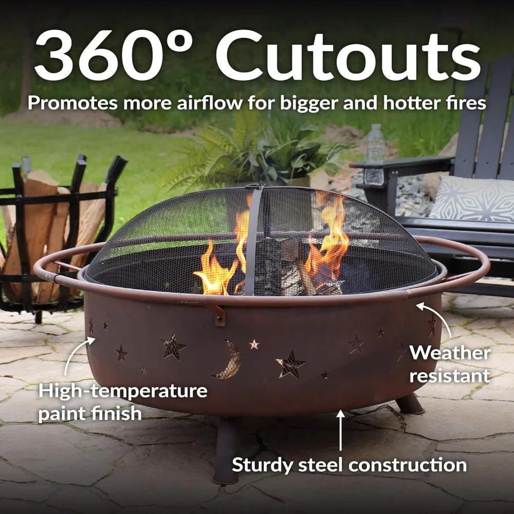 42-Inch Large Outdoor Wood-Burning Fire Pit with Spark Screen, Poker, and Grate - Perfect for Backyard Gatherings