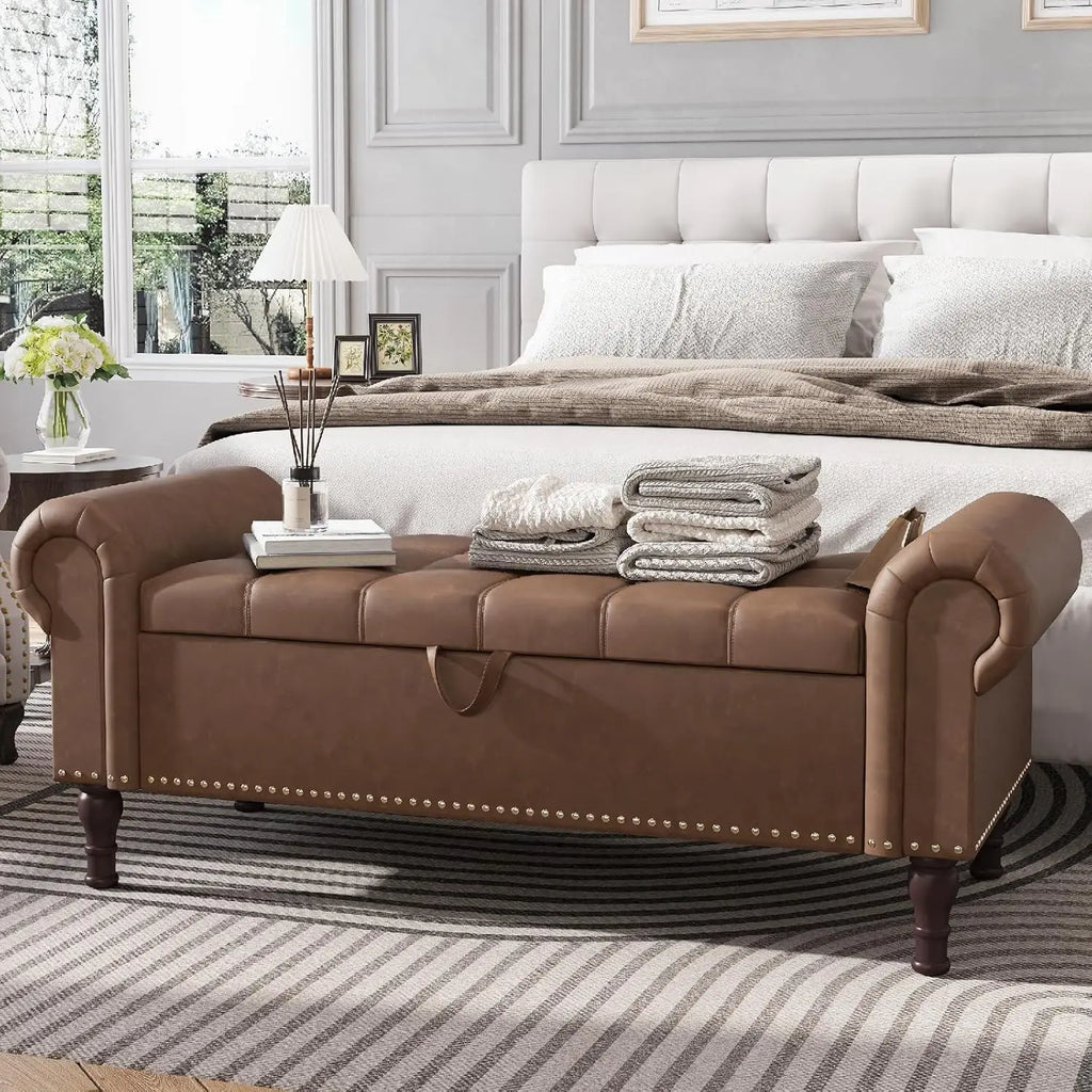 51” Bench with Storage, Upholstered Tufted Button Bedroom Bench with Storage, Faux Leather End of Bed Bench with, Customized