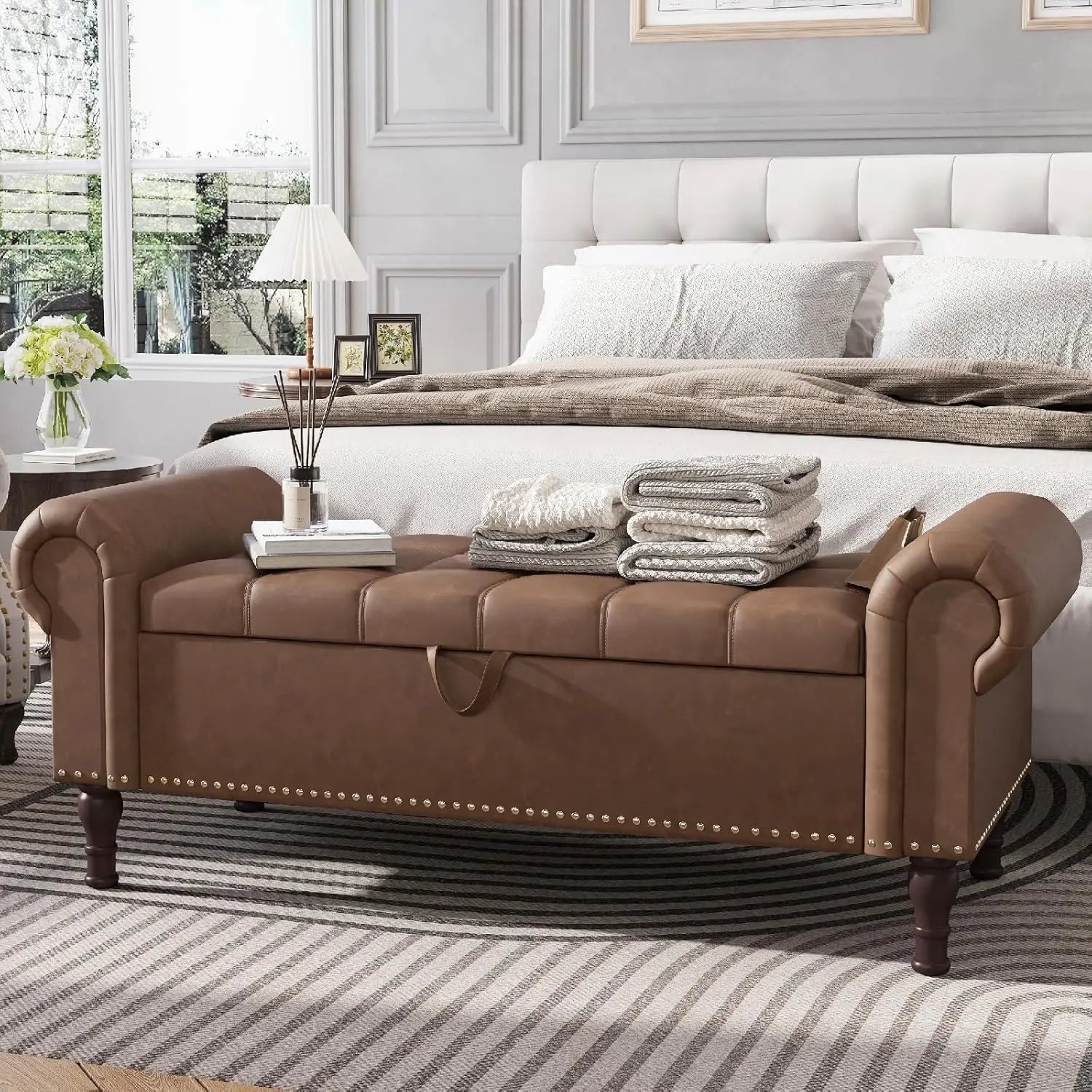 51” Bench with Storage, Upholstered Tufted Button Bedroom Bench with Storage, Faux Leather End of Bed Bench with, Customized