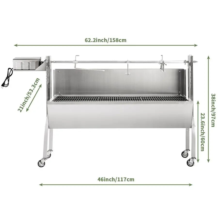 Charcoal Grill, Electric Spit Roaster Stainless Steel w/ Adjustable Height