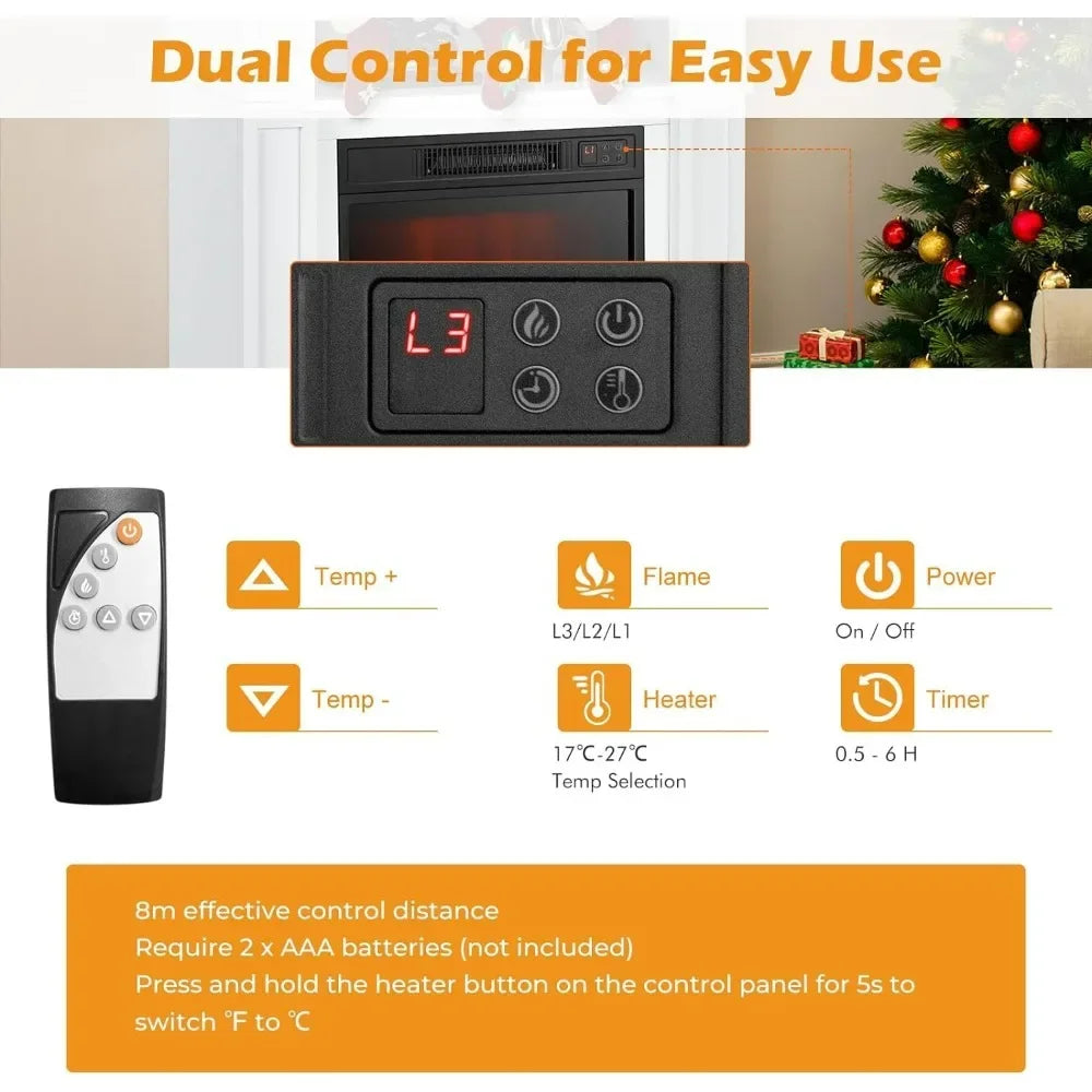 32 Inch Freestanding Electric Fireplace with Mantel, Realistic Flame, Thermostat, 3-Level Brightness, and Remote Control