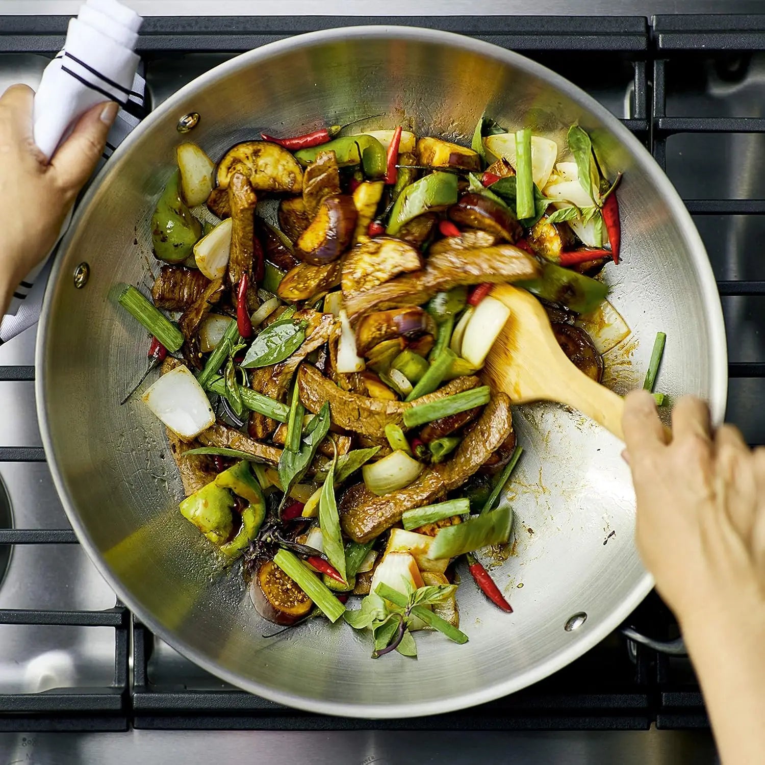 Wok, 15 in Stainless Steel Induction Compatible, Dishwasher Safe