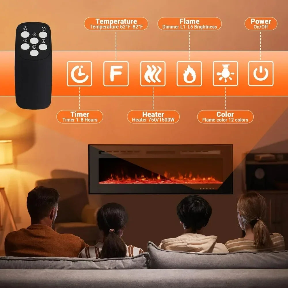 Bestseller50 Inch Wall-Mounted Electric Fireplace with Recessed Design, 12 Flame Color Options, Remote and Timer Controls, Touch
