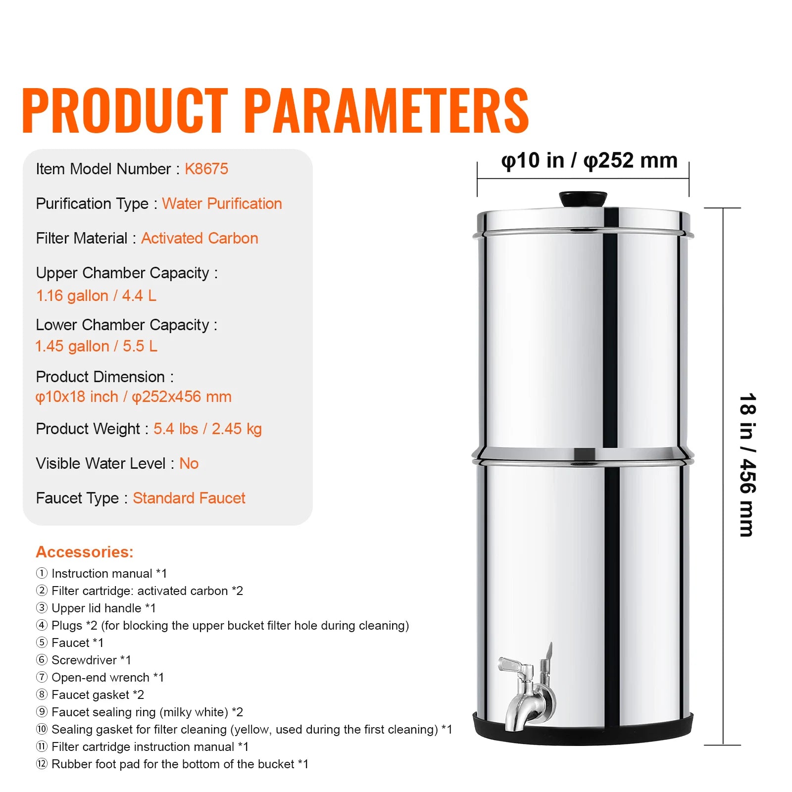 Water Filter System, Stainless Steel, 2 Carbon Filters