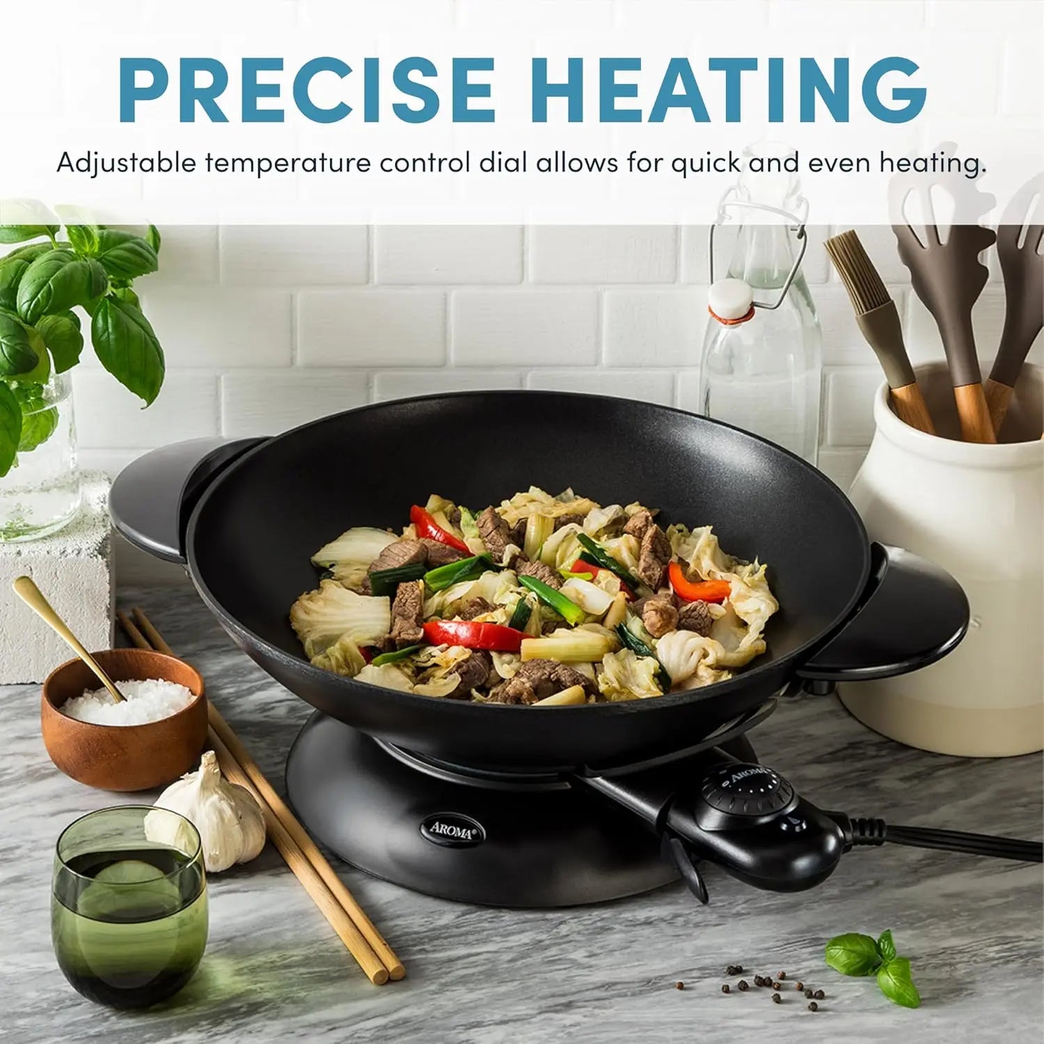 Wok w/ Glass Lid & Accessories, Electric Non-stick, Black