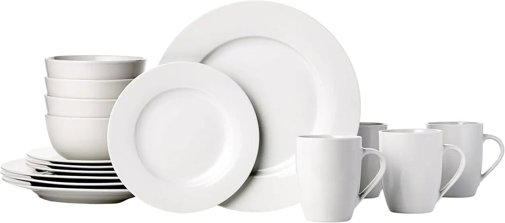 16-Piece Porcelain Dinnerware Set for 4, Includes Plates, Bowls & Mugs in White
