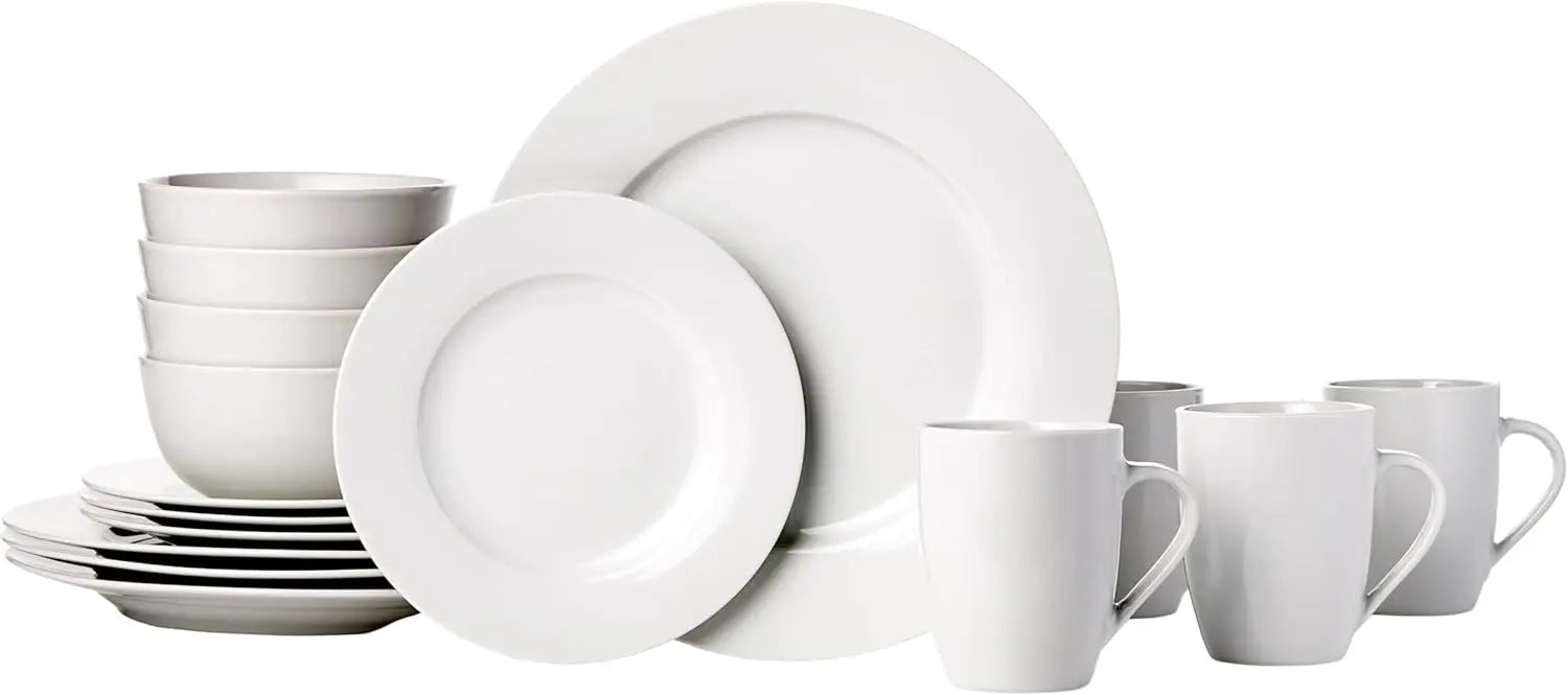16-Piece Porcelain Dinnerware Set for 4, Includes Plates, Bowls & Mugs in White