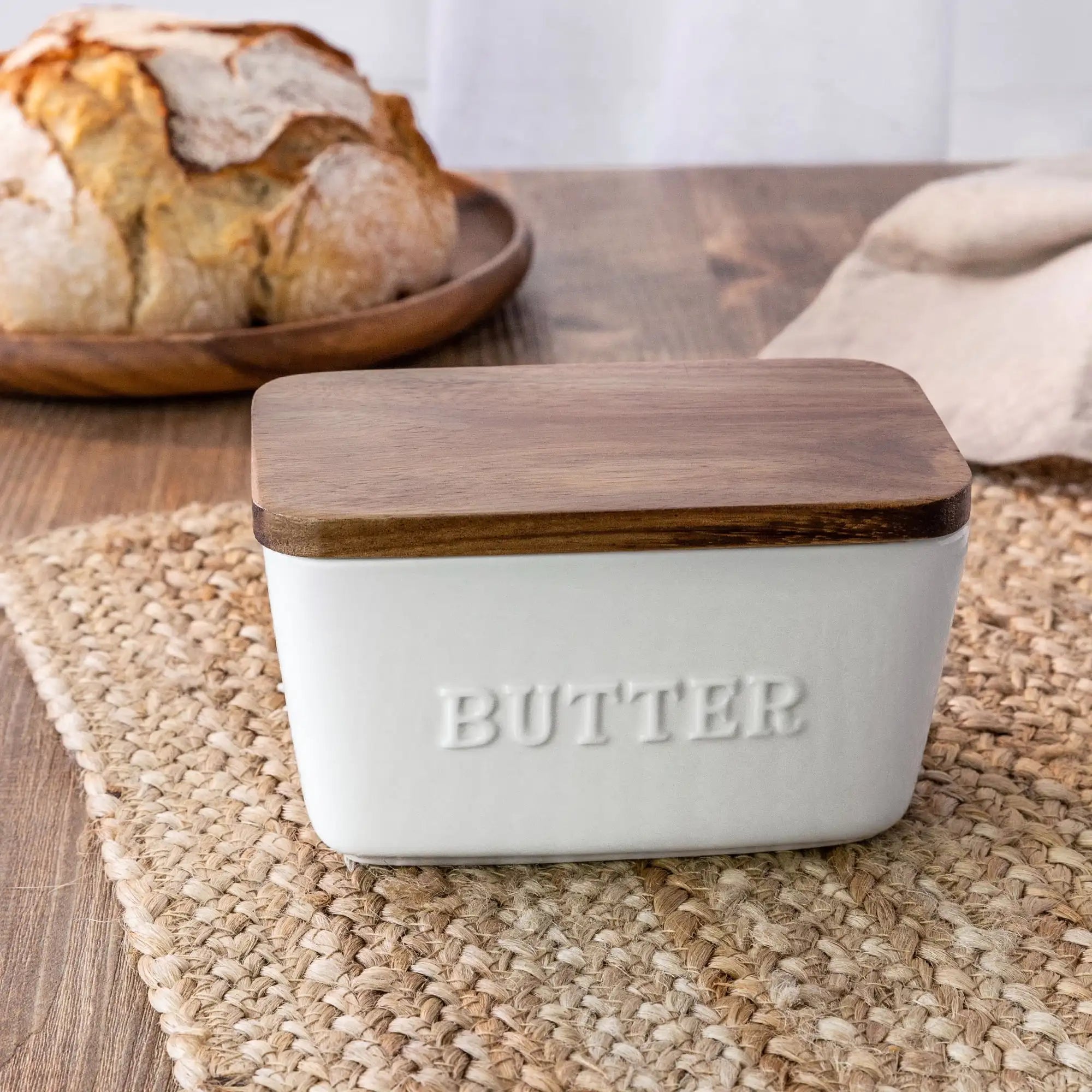 Butter Dish, Acacia & White Porcelain Embossed