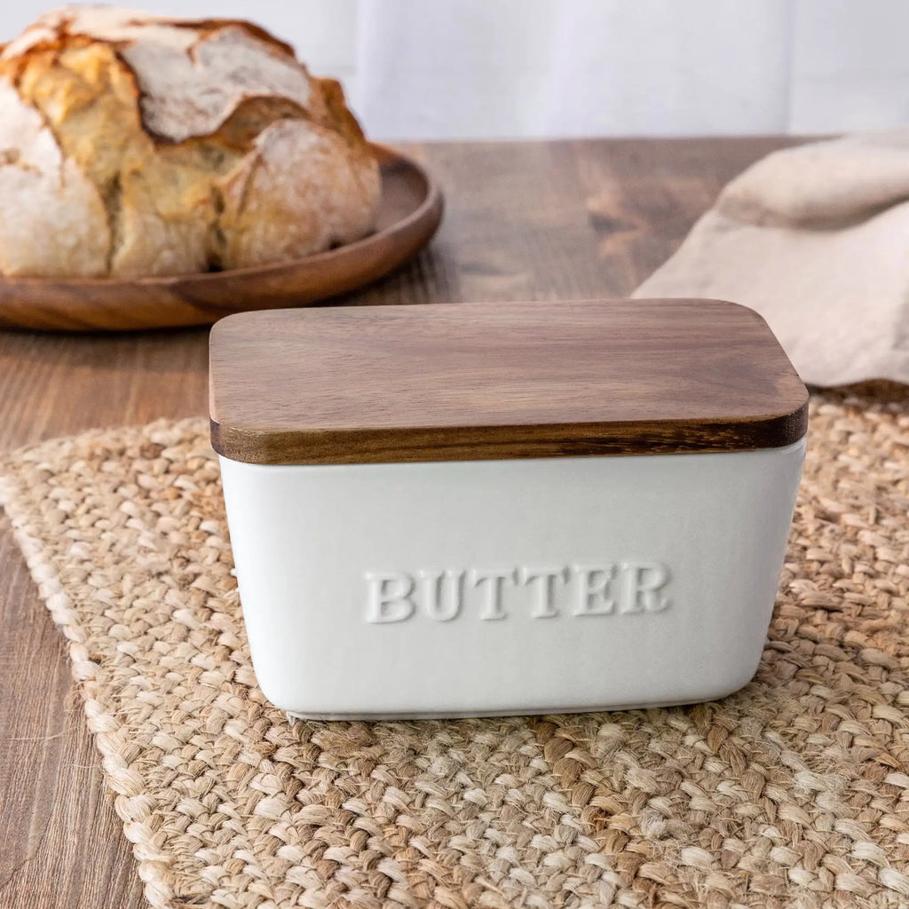 Butter Dish, Acacia & White Porcelain Embossed