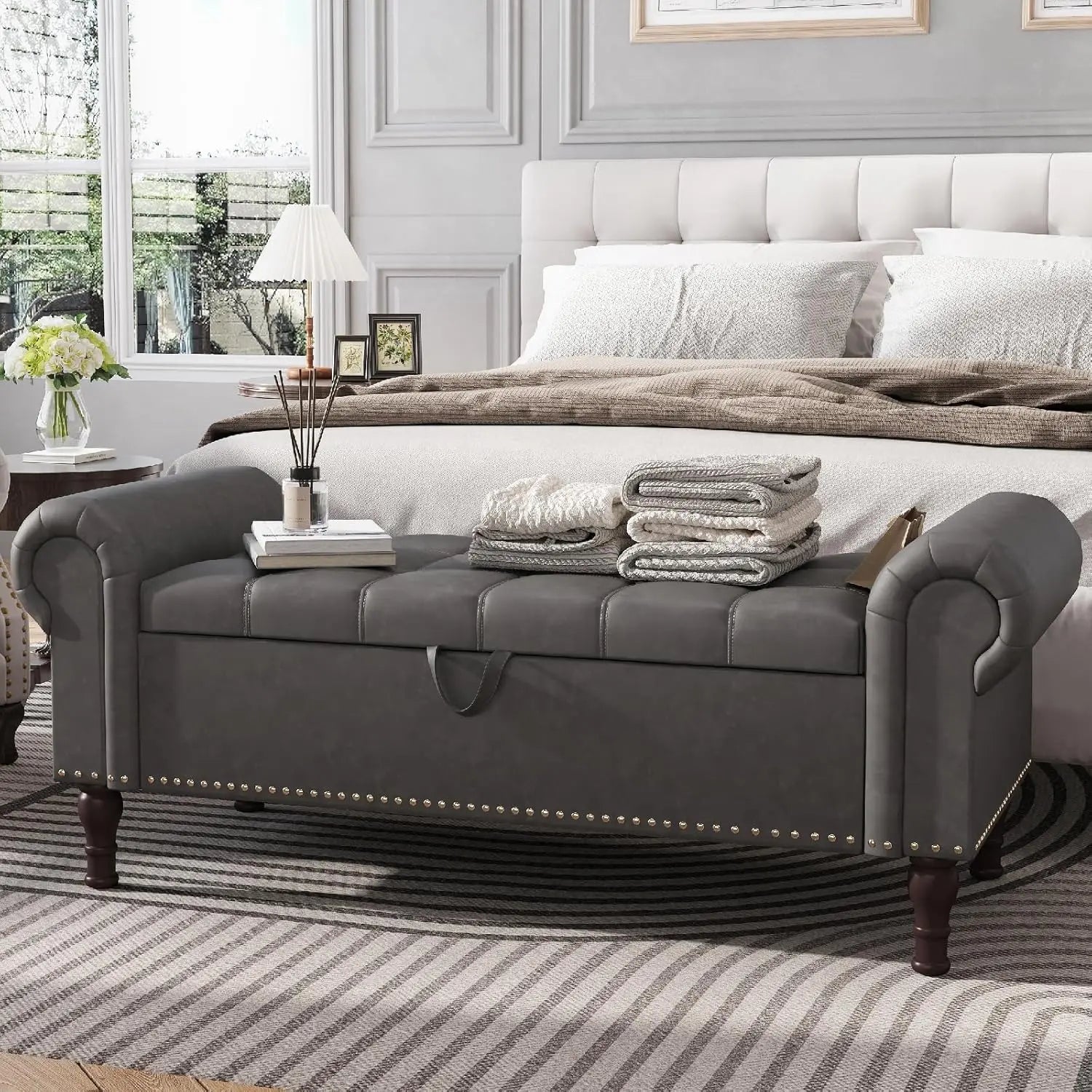 51” Bench with Storage, Upholstered Tufted Button Bedroom Bench with Storage, Faux Leather End of Bed Bench with, Customized