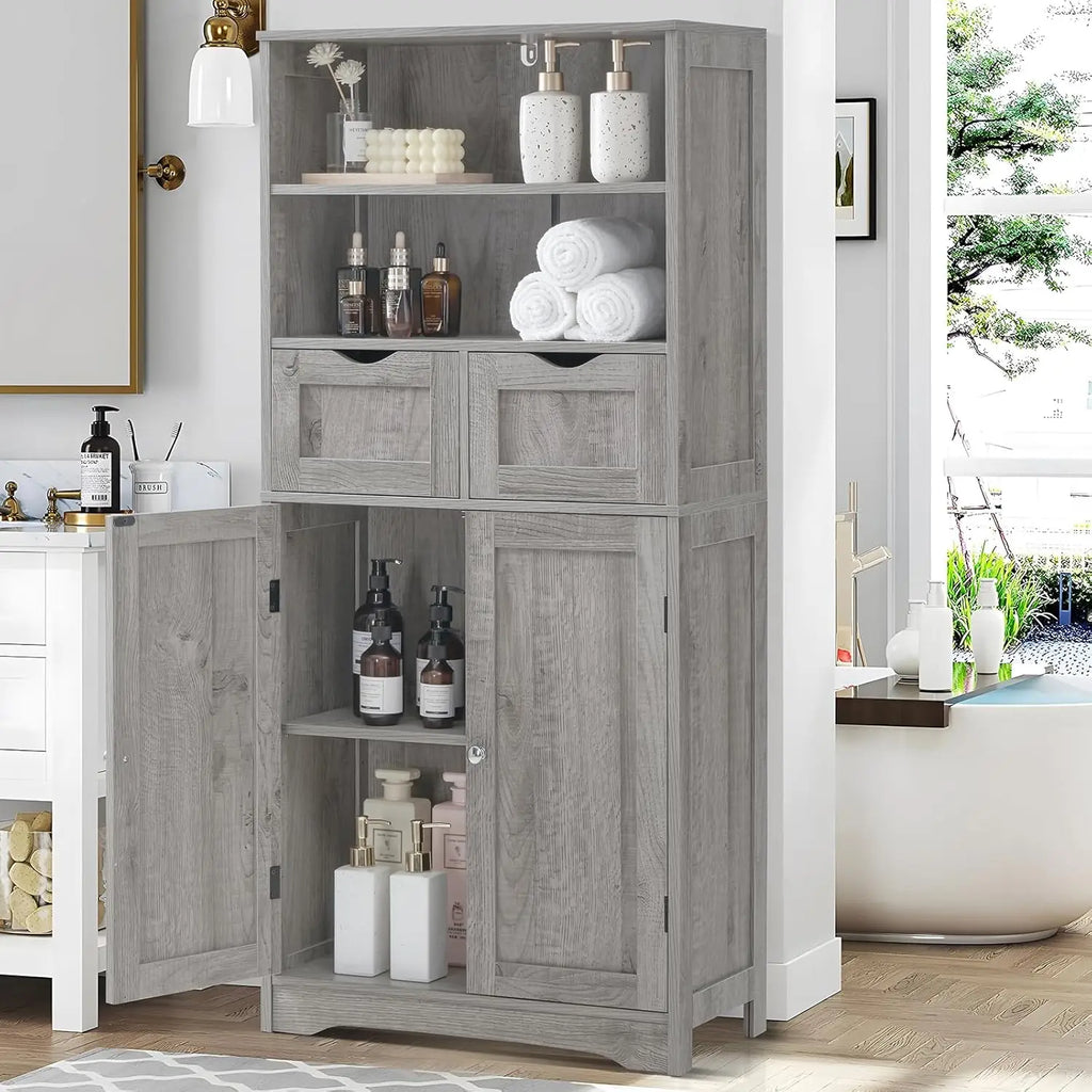 Tall Storage Cabinet with 2 Drawers, Adjustable Shelf, and Doors for Bathroom, Kitchen, Living Room - Grey