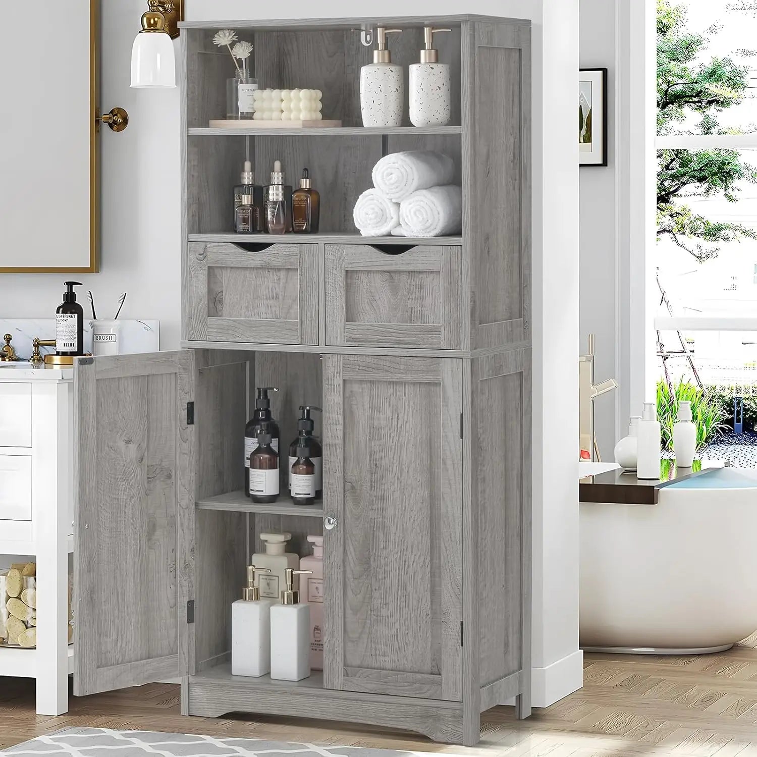 Tall Storage Cabinet with 2 Drawers, Adjustable Shelf, and Doors for Bathroom, Kitchen, Living Room - Grey