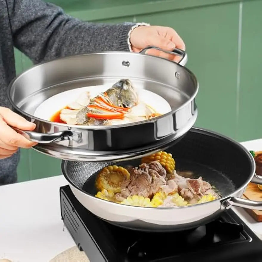 Wok w/ Glass Lid & Steamer, 12-In Non-stick Induction Compatible, Oven & Dishwasher Safe
