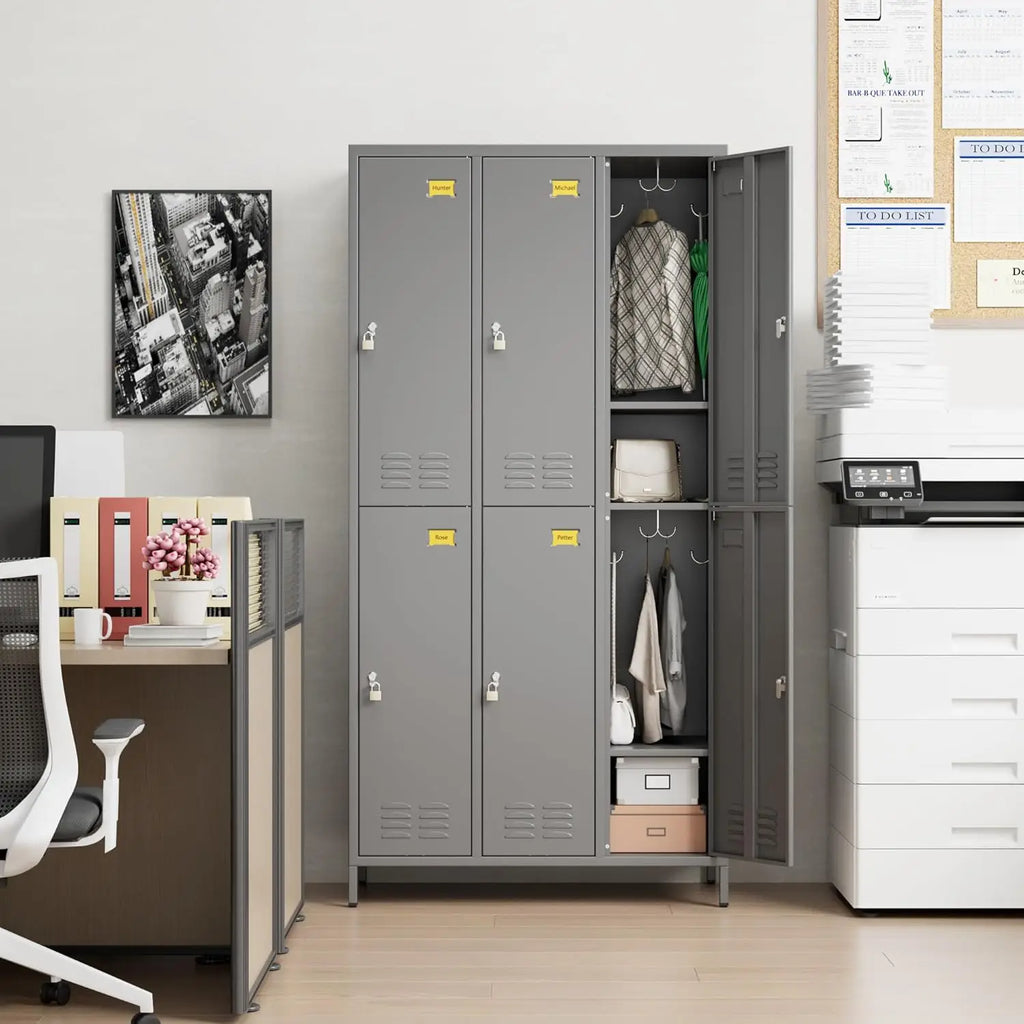 6 metal employee storage cabinets, equipped with 12 hooks, suitable for schools, gyms, bedrooms. Available in three colors.