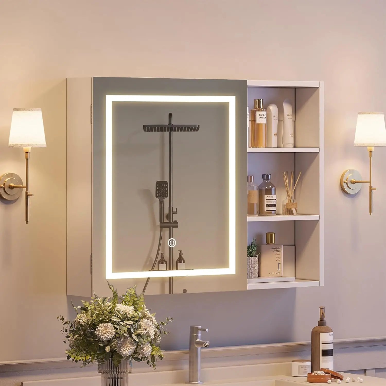 32" W x 24" H Bathroom Wall Mounted Medicine Storage Cabinet, Medicine Cabinet Mirror with Lights & Storage, Customized