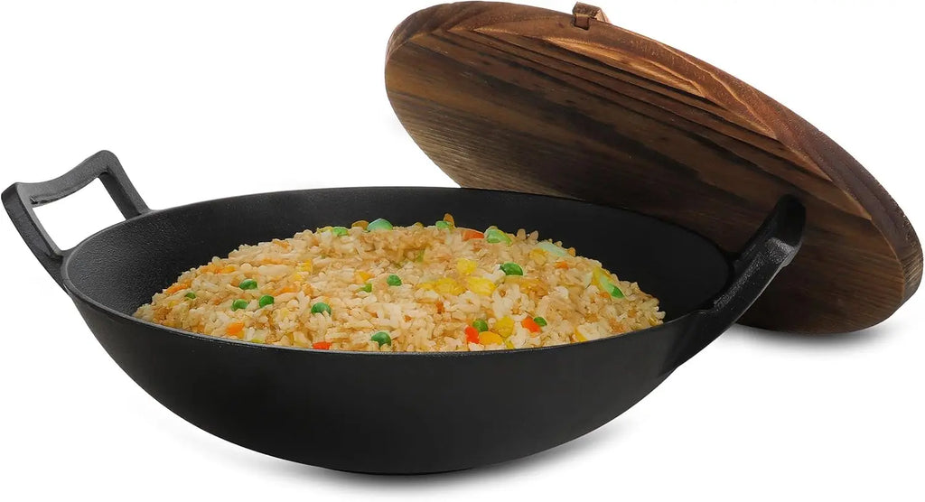 Wok w/ Lid 14 In Pre-Seasoned Cast Iron