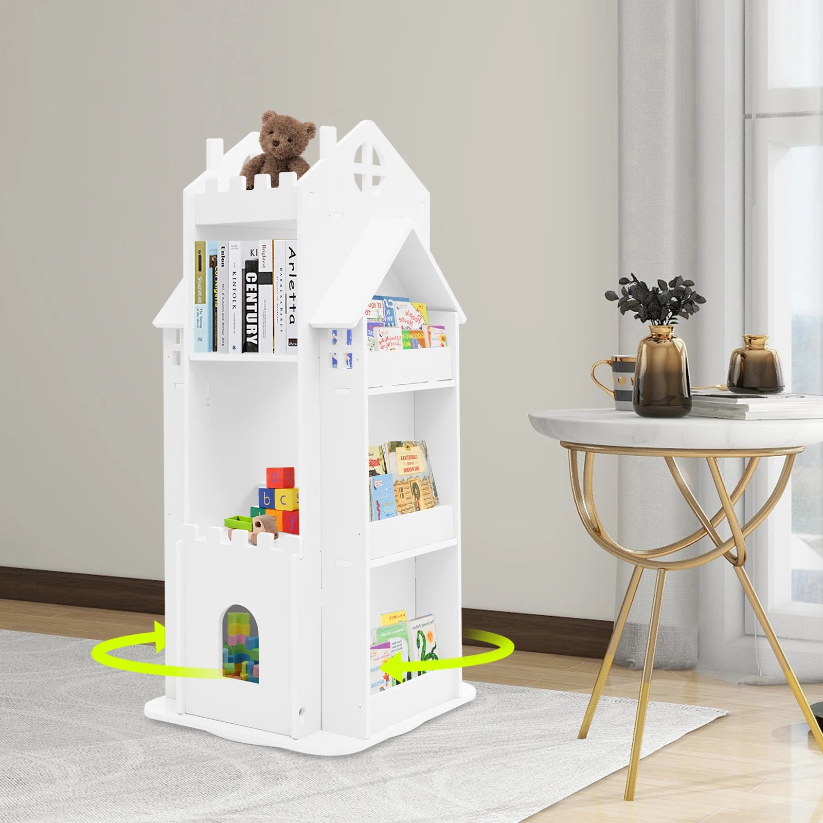 Rotating Kids Bookshelf 7 Tier Castle Design Book Toy Storage Organizer Book Display Shelf for Home Bedroom,3 Colors