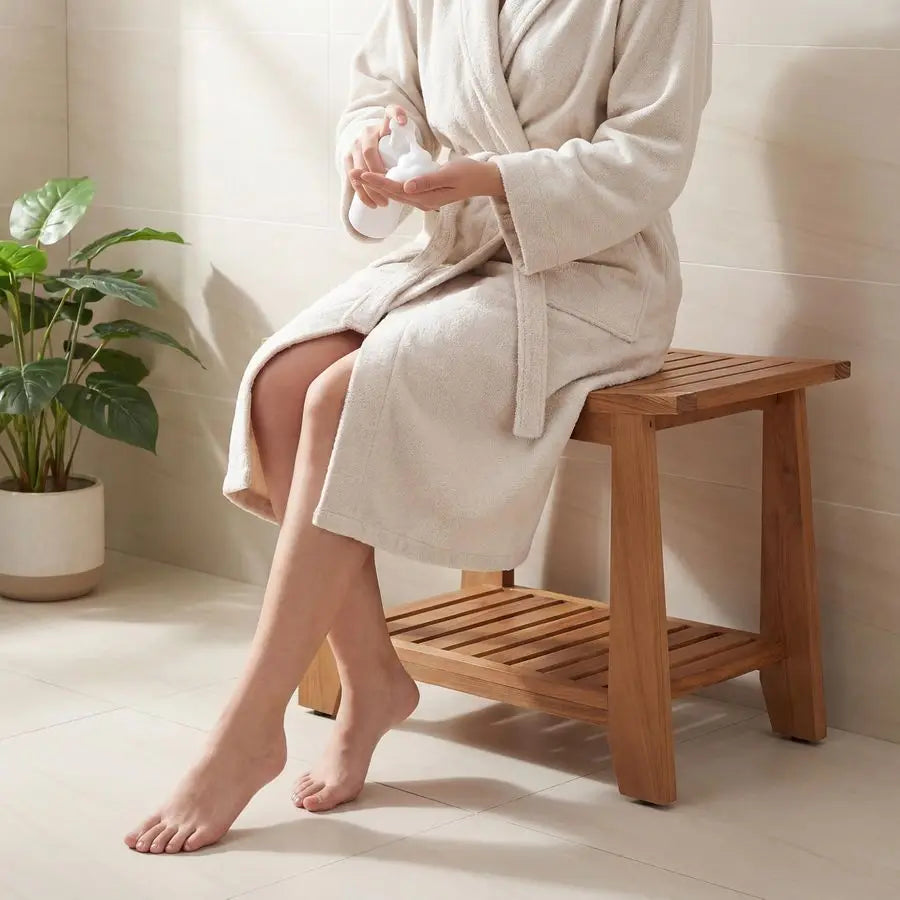 Shower Bench Stool, 21 Waterproof Wood Spa Bath Bench with Storage Shelf, NonSlip Solid Teak Shower Seat Chair for Bathroom Ins